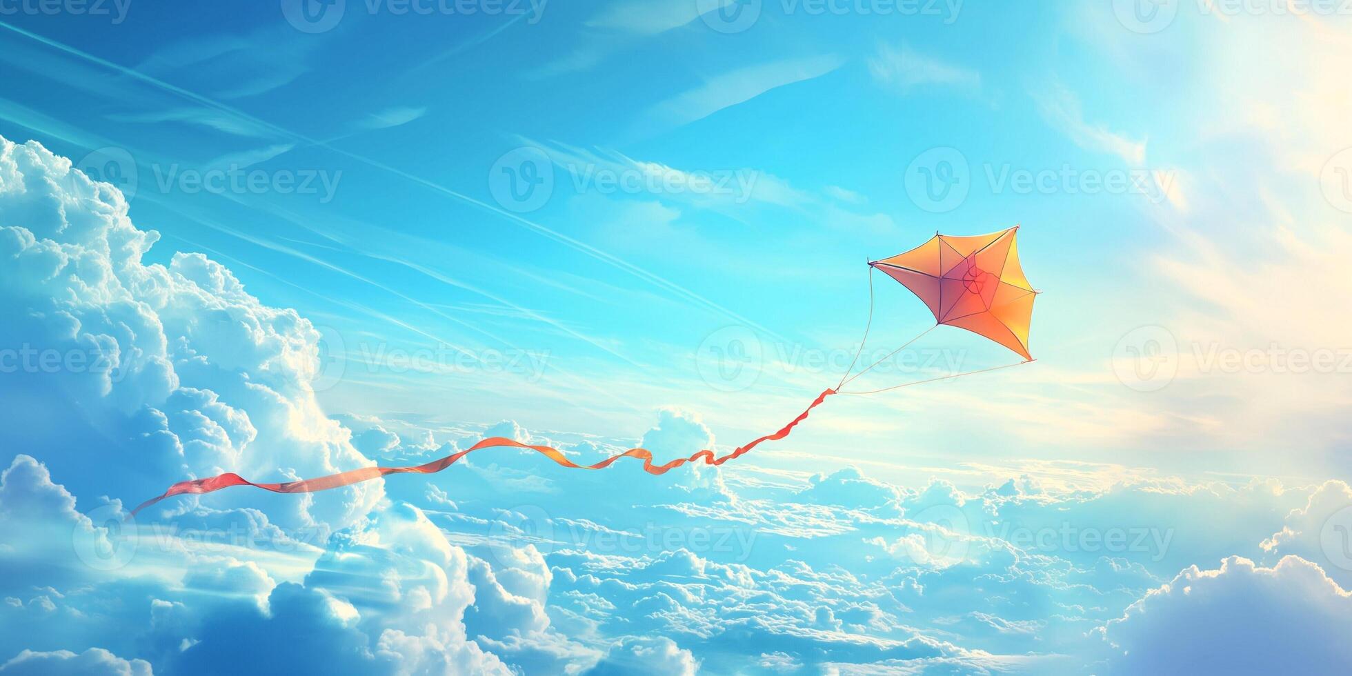 A vibrant orange kite soaring high against a backdrop of fluffy clouds and a bright blue sky. photo