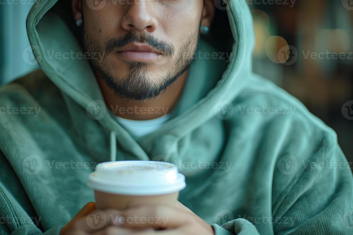 A young Hispanic man wearing a green hoodie, holding a coffee cup, focused on his thoughts. photo