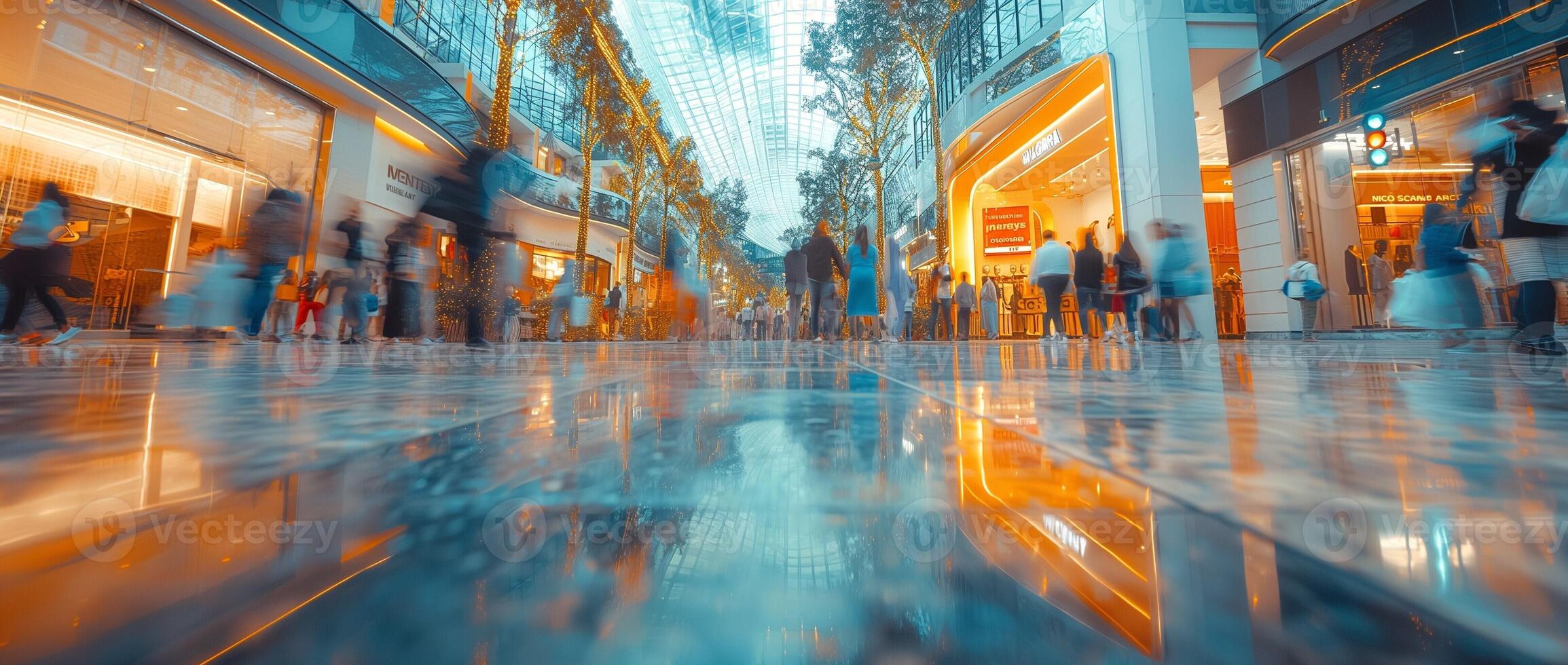 A bustling shopping mall interior with vibrant reflections on the floor and people walking through the bright space. photo