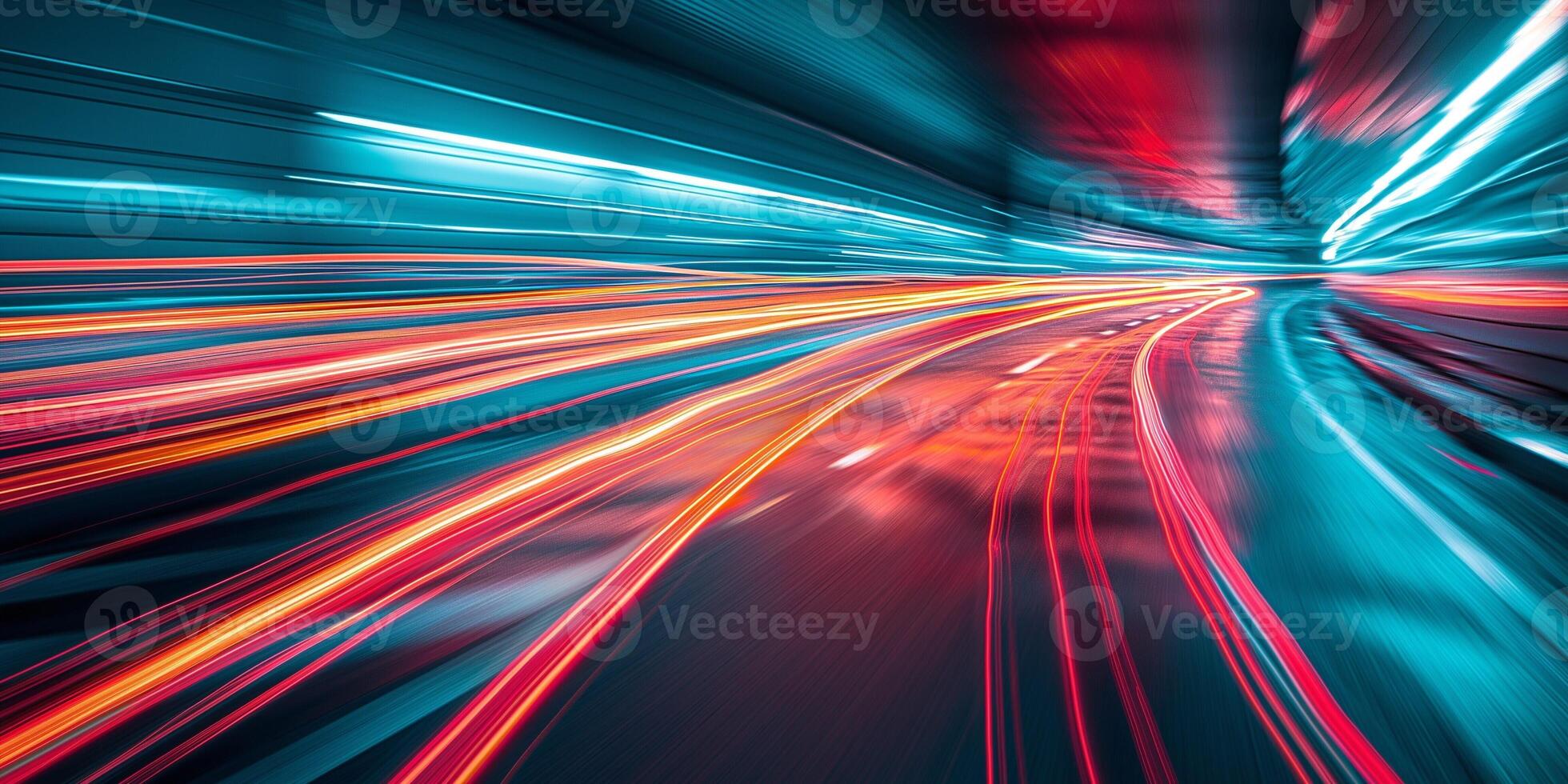 A mesmerizing abstract image showcasing vibrant light trails in a tunnel, evoking speed and dynamism. photo