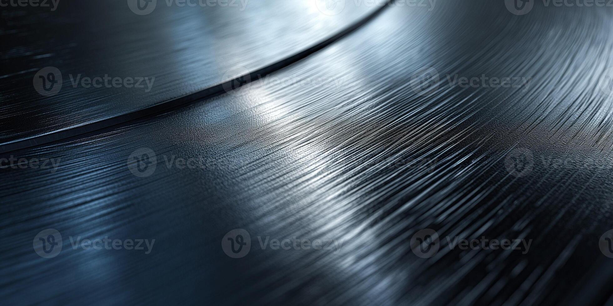 Close-up of a black vinyl record, highlighting its grooves and reflections under soft light. photo