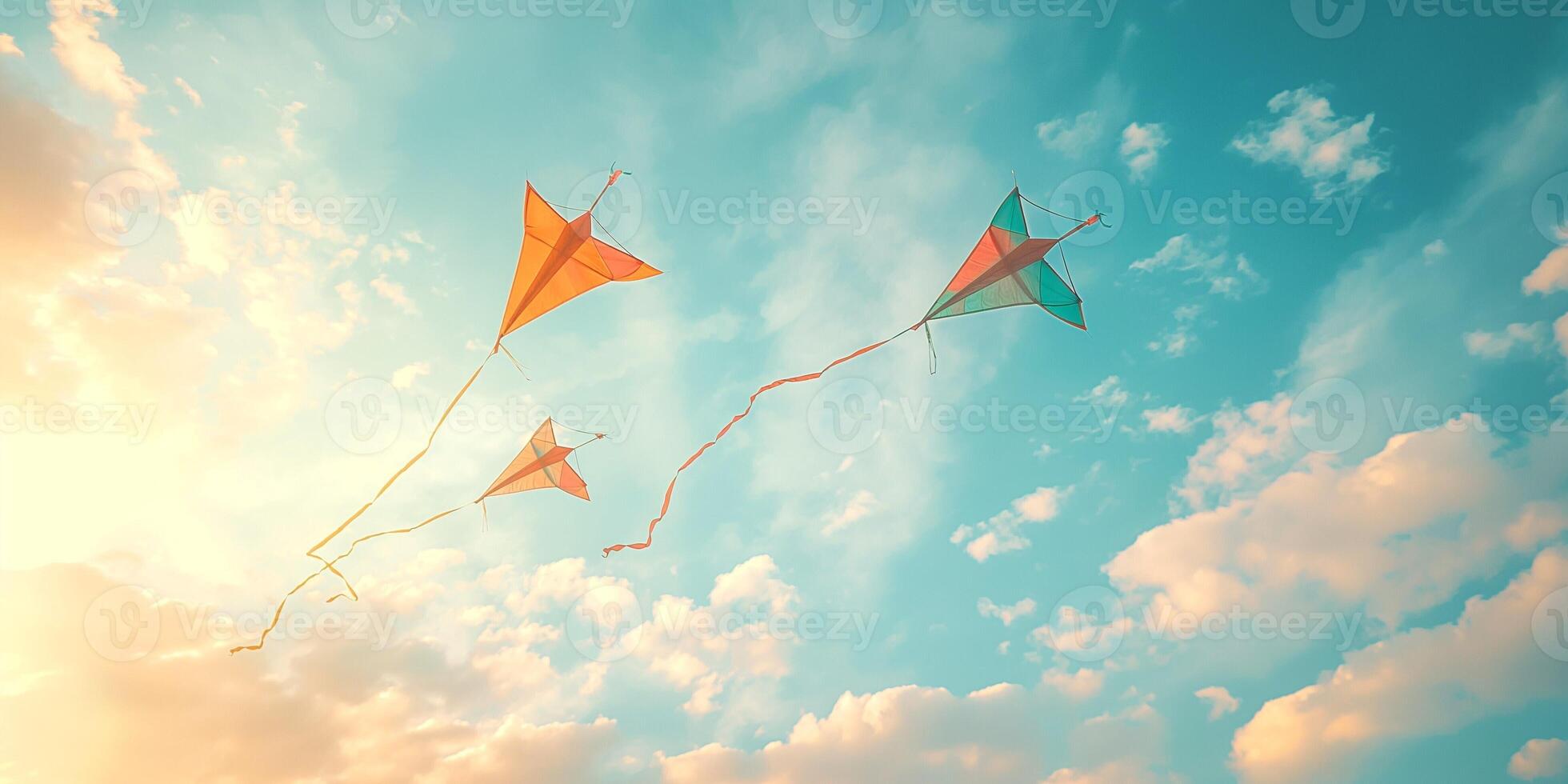 Three vibrant kites soaring high in a bright blue sky, creating a cheerful and playful mood with fluffy clouds. photo