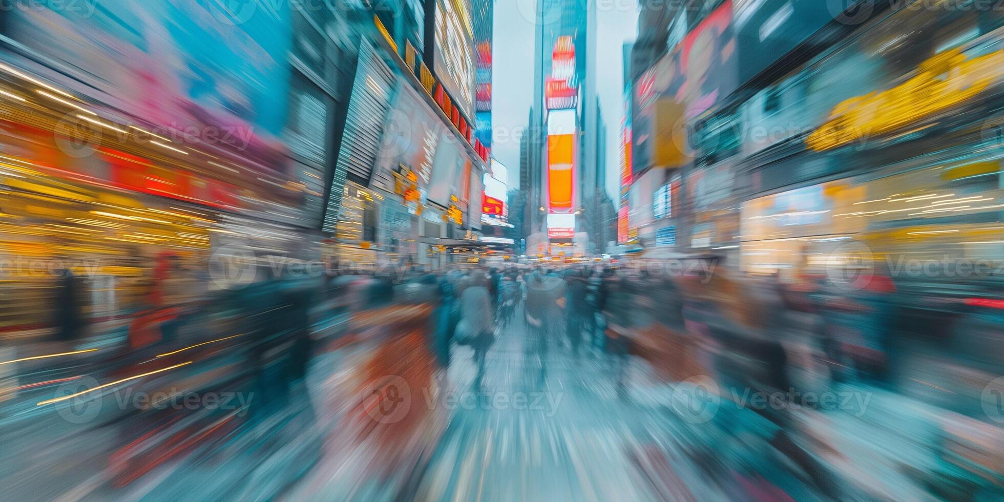 A vibrant, bustling scene in Times Square, capturing the energy and motion of the crowd with neon lights illuminating the atmosphere. photo