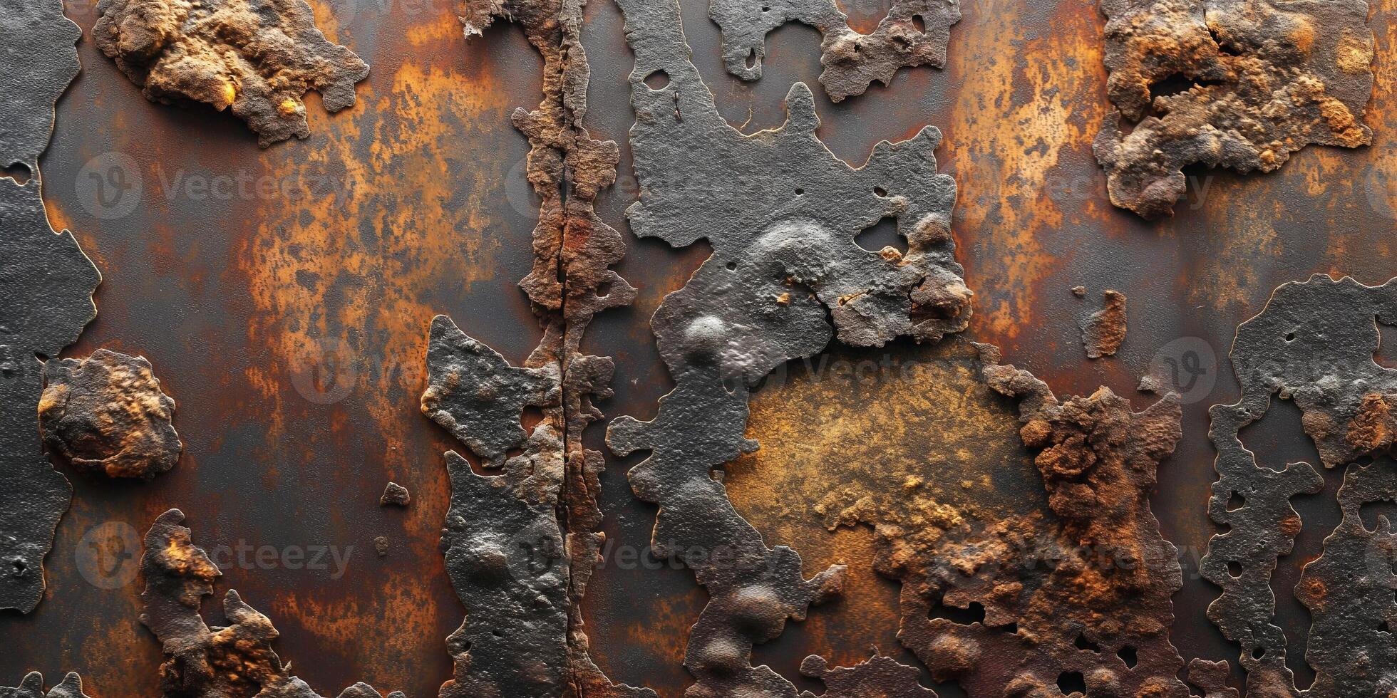 Close-up of a rusted metal surface, showcasing a rich texture and varied colors of orange, brown, and black. photo