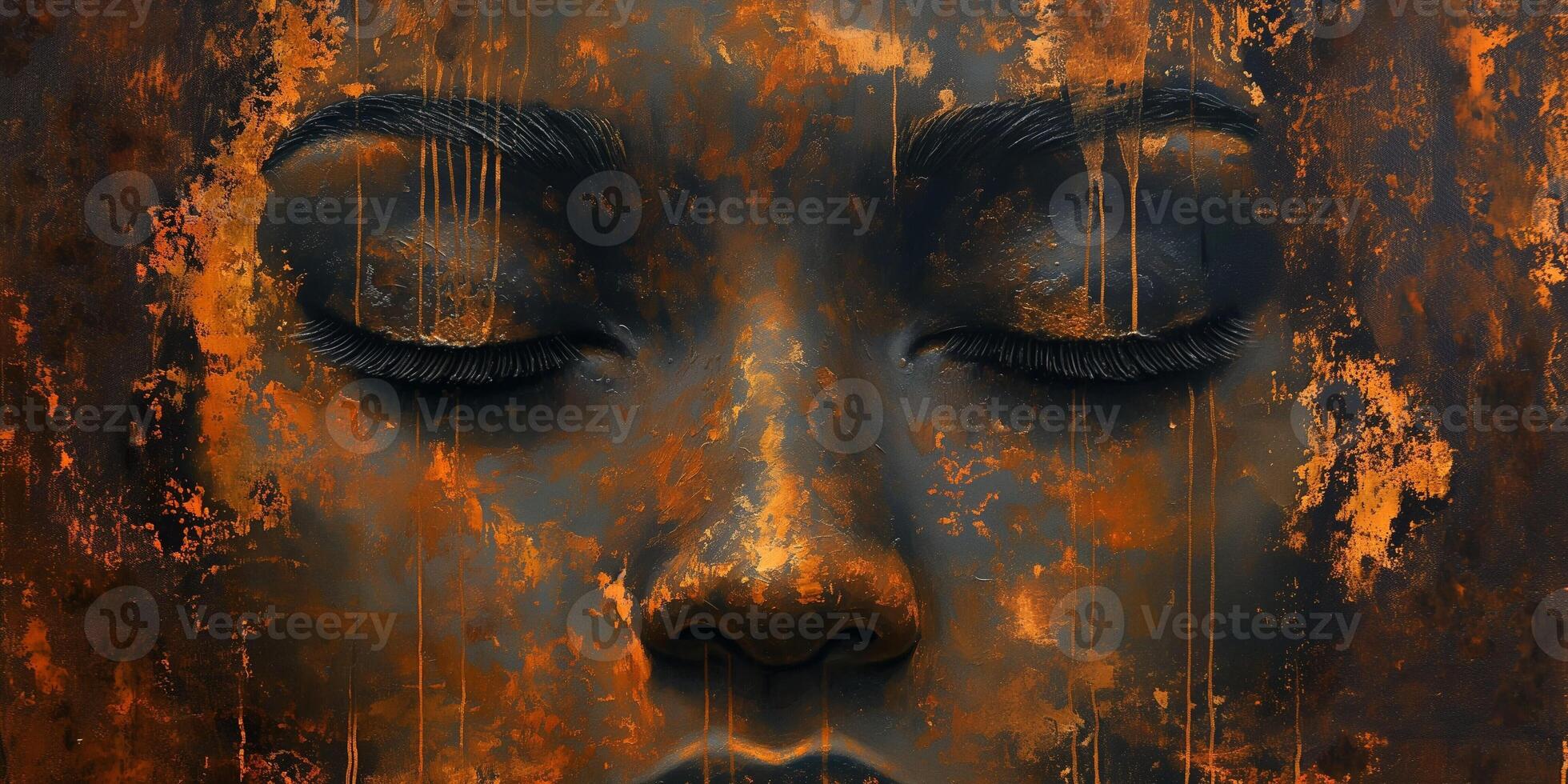 Close-up of a serene female face painted in earthy tones, showcasing intricate details and a captivating texture. photo