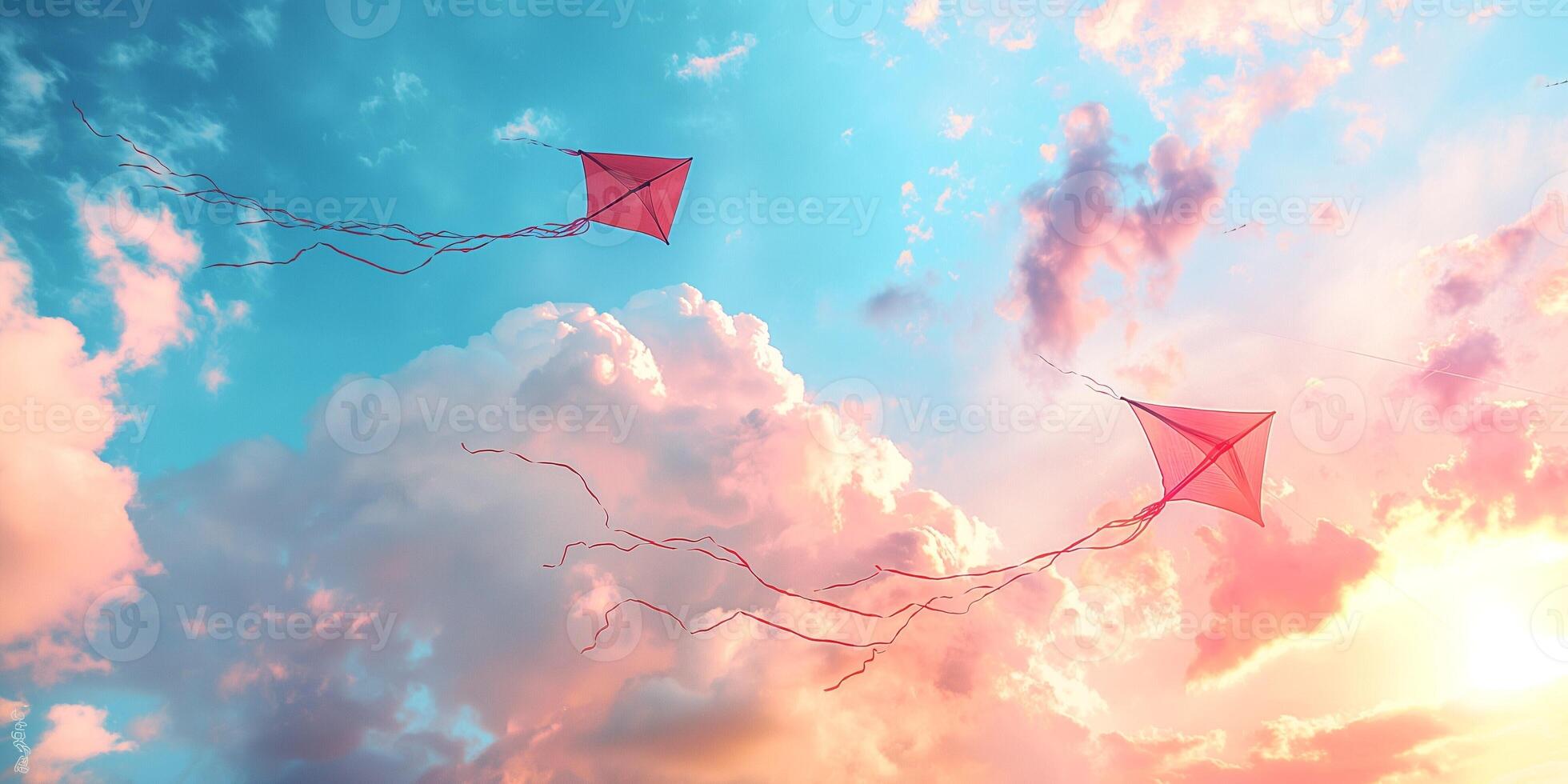 Two vibrant red kites flying high in a clear blue sky, with soft clouds and warm sunset colors creating a serene atmosphere. photo