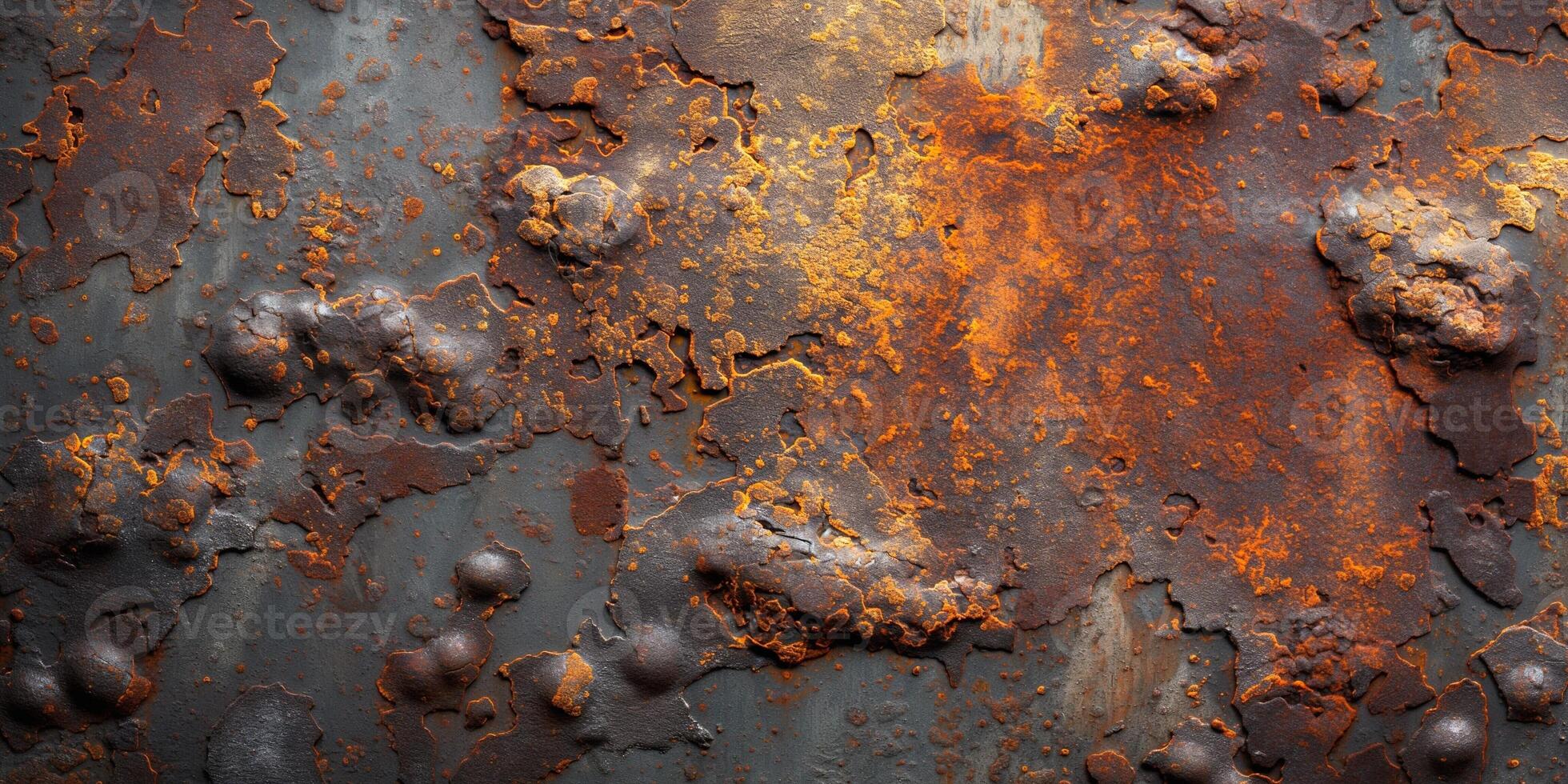 A close-up of weathered metal surface showcasing dramatic rust patterns and textures. photo
