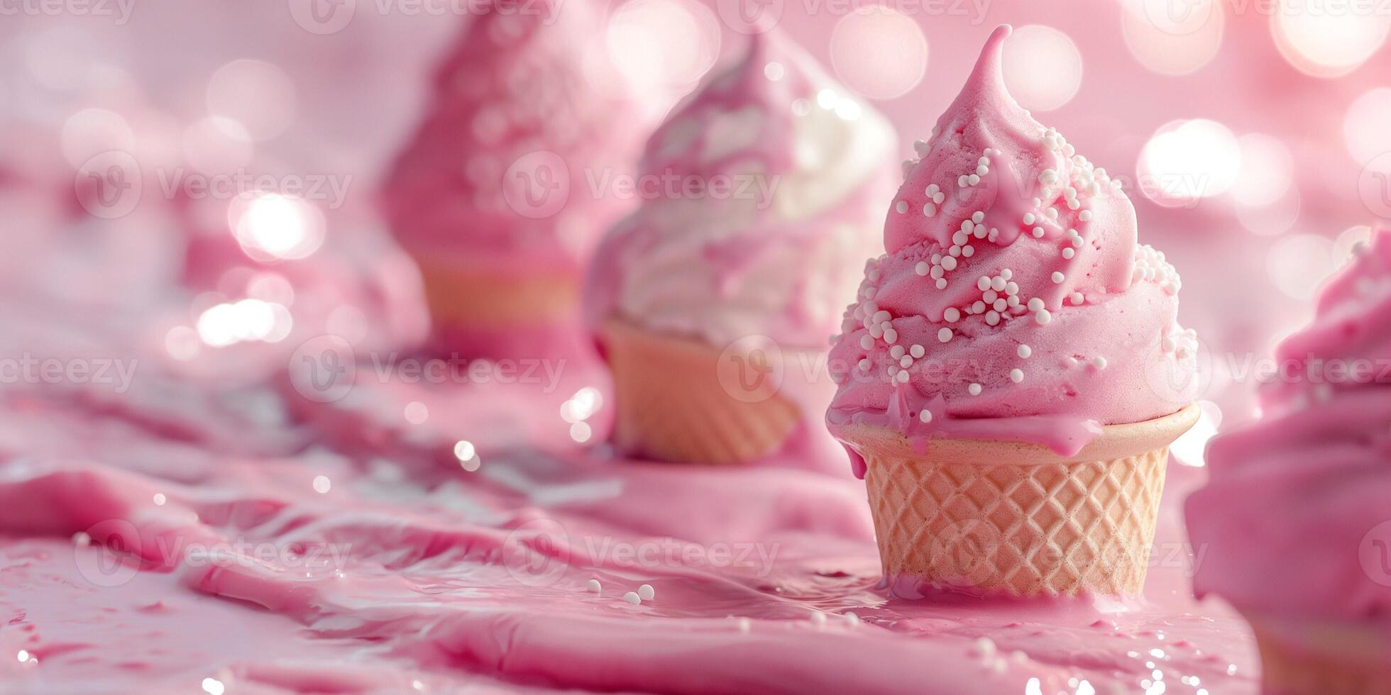Colorful pink ice cream cones with sprinkles, set against a dreamy pink backdrop, creating a whimsical and cheerful mood. photo
