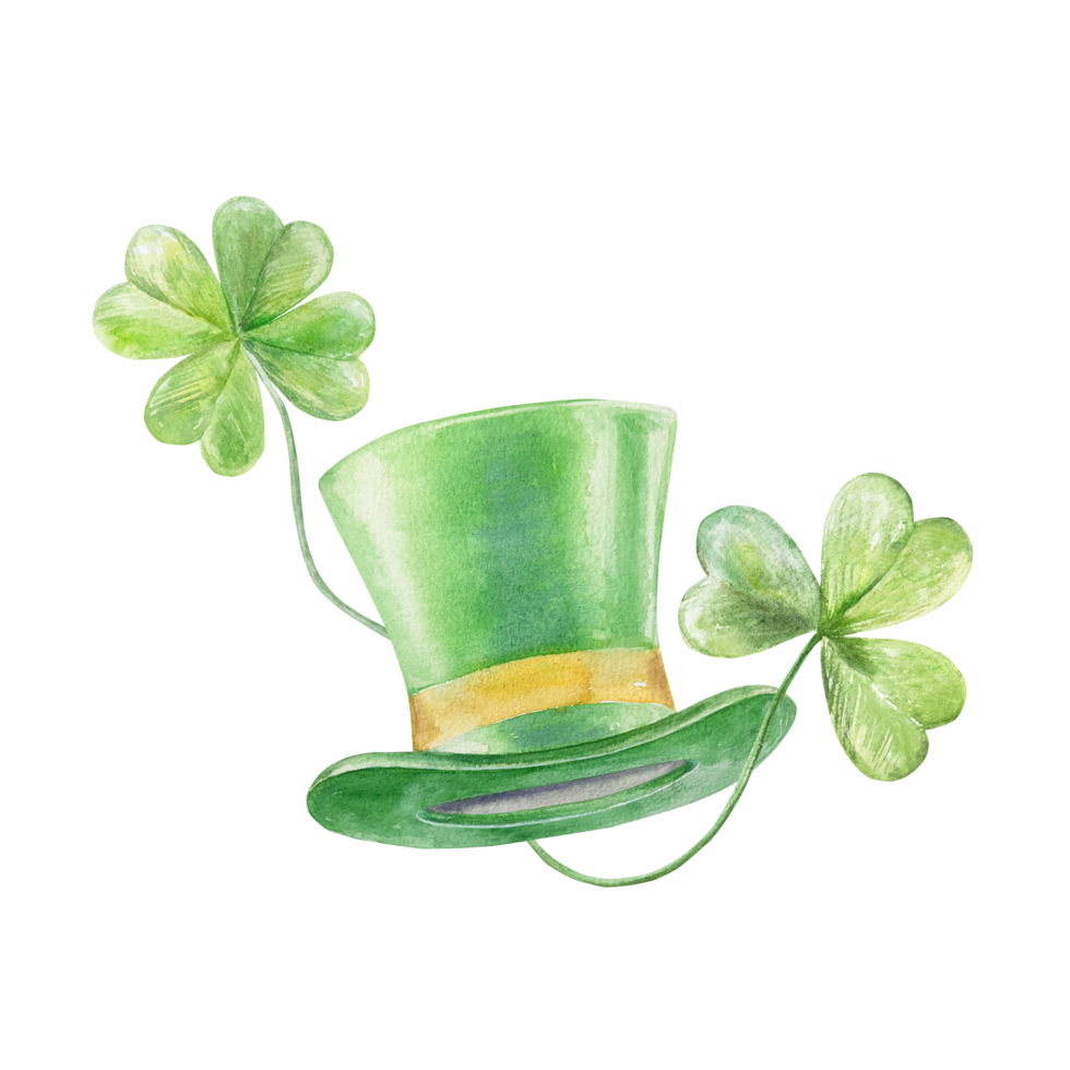Green top hat, clover leaves. Traditional elements of St. Patricks Day. Hand drawn watercolor illustration. For greeting cards, invitations, labels, banners, posters. png