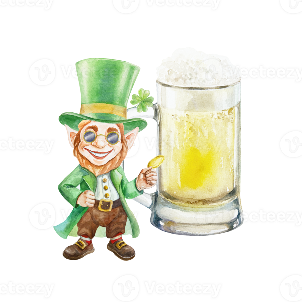 Leprechaun in green top hat and sunglasses standing near beer mug. Symbol of Saint Patricks Day holiday. Hand drawn watercolor illustration. For postcards, invitations, banners, posters. png