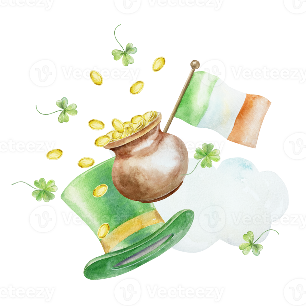 Green top hat, Irish flag and pot of gold coins. Symbols of Saint Patricks Day holiday. Hand drawn watercolor illustration. For greeting cards, invitations, posters, banners. png