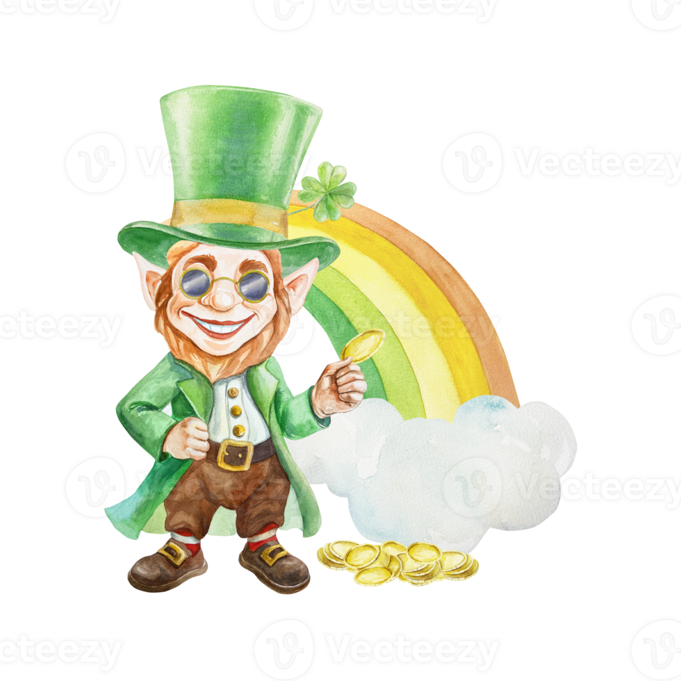 Leprechaun in a green top hat holding a coin against a rainbow and a cloud. St. Patricks Day holiday element. Hand drawn watercolor illustration. For cards, invitations, banners, posters. png