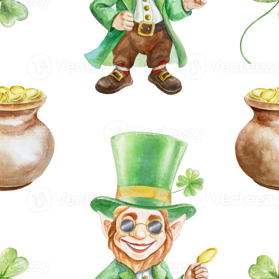 Leprechaun and clay pot with gold coins, seamless pattern. Symbols of St. Patricks Day holiday. Hand drawn watercolor illustration. Greeting cards, wrapping paper, textile, covers, fabric, wallpaper. png