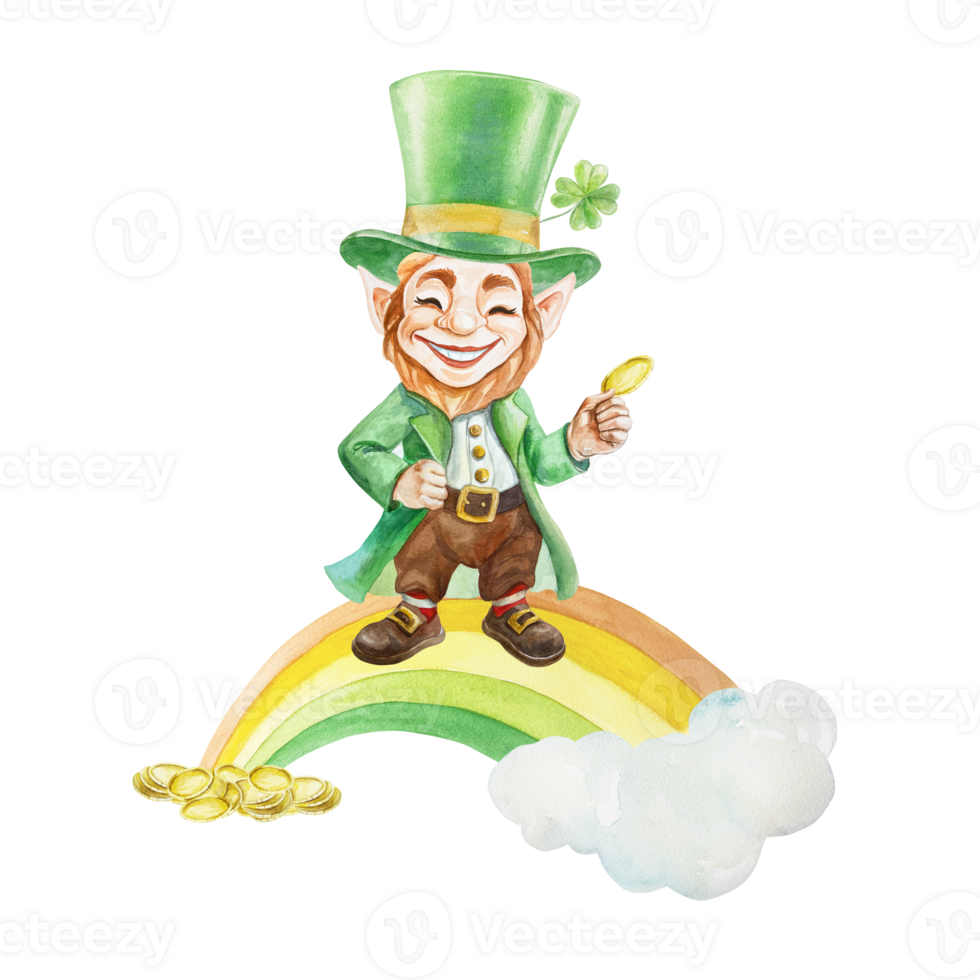 Leprechaun in a green top hat standing on a rainbow with a coin in his hands. Symbol of the holiday St. Patricks Day. Hand drawn watercolor illustration. Postcards, invitations, banners. png