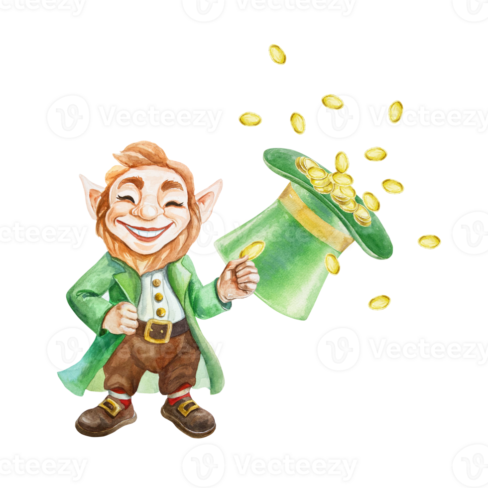 Leprechaun and green top hat with gold coins. Symbol of Saint Patricks Day holiday. Hand drawn watercolor illustration. For greeting cards, invitations, labels, banners, posters. png