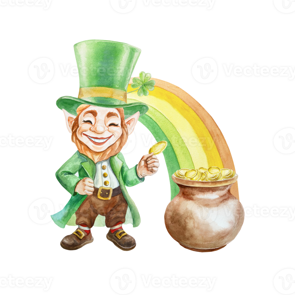 Leprechaun in a green top hat holding a coin against the background of a rainbow and a pot of coins. Element of the St. Patricks Day. Hand drawn watercolor illustration. Cards, invitations, posters. png