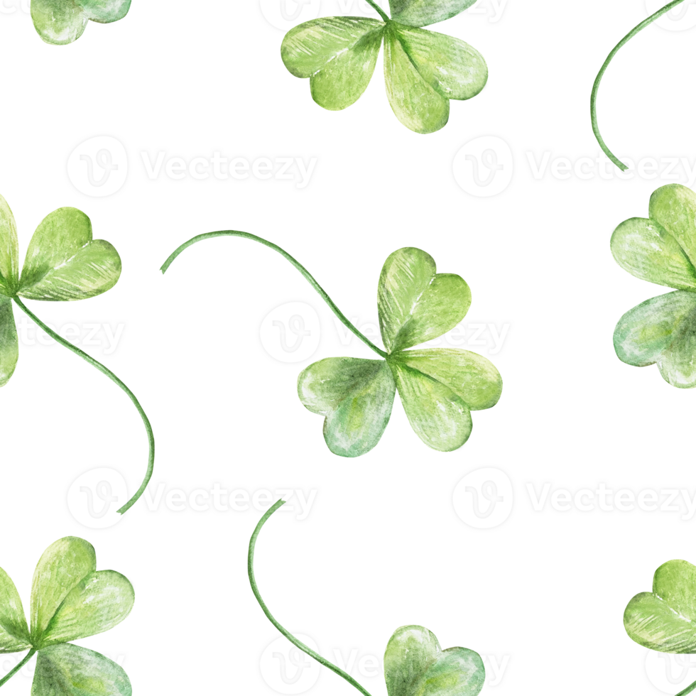 Green clover leaves, seamless pattern. Symbols of St. Patricks Day holiday. Hand drawn watercolor illustration. For greeting cards, wrapping paper, textile, covers, fabric, wallpaper. png