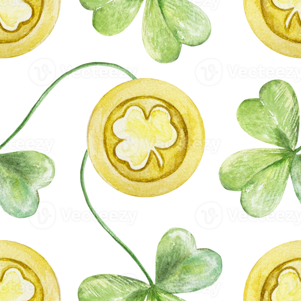 Green clover leaves and golden coins, seamless pattern. Symbols of St. Patricks Day holiday. Hand drawn watercolor illustration. For greeting cards, wrapping paper, textile, covers, fabric, wallpaper. png