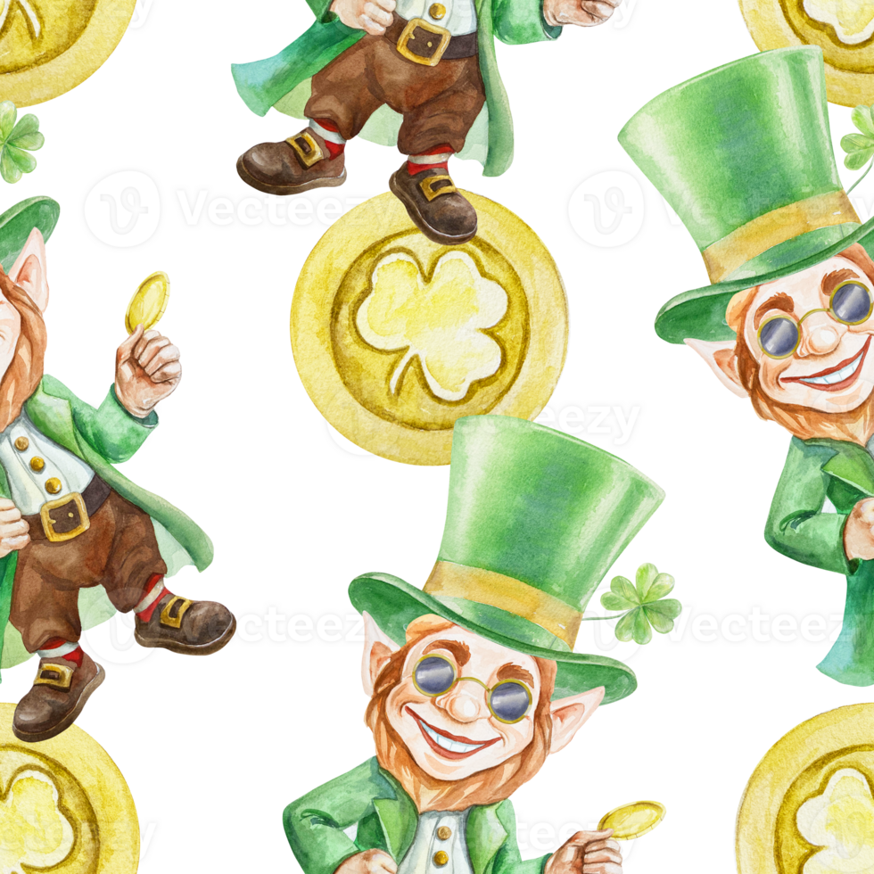 Leprechaun and gold coins, seamless pattern. Symbols of St. Patricks Day holiday. Hand drawn watercolor illustration. For greeting cards, wrapping paper, textile, covers, fabric, wallpaper. png