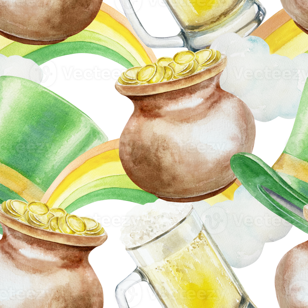 Green top hat, pot of gold coins, beer mug, rainbow, seamless pattern. Symbols of St. Patricks Day holiday. Hand drawn watercolor illustration. For greeting cards, wrapping paper, fabric, wallpaper. png