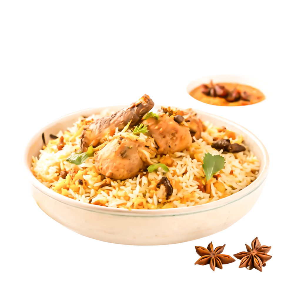 Delicious Chicken Biryani in Bowl with Side Dish, Indian Cuisine Food Photography png
