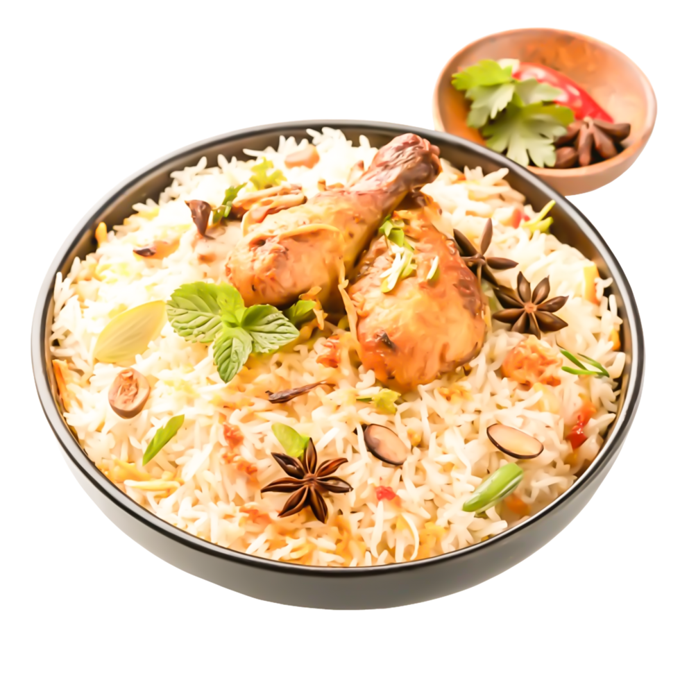 Delicious Chicken Biryani in Black Bowl Aromatic Indian Cuisine Food Photography png