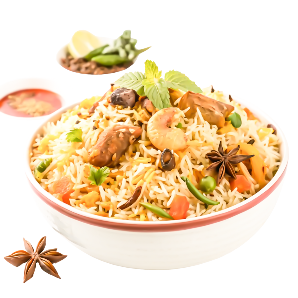 Delicious Seafood Chicken Biryani Rice Bowl, png