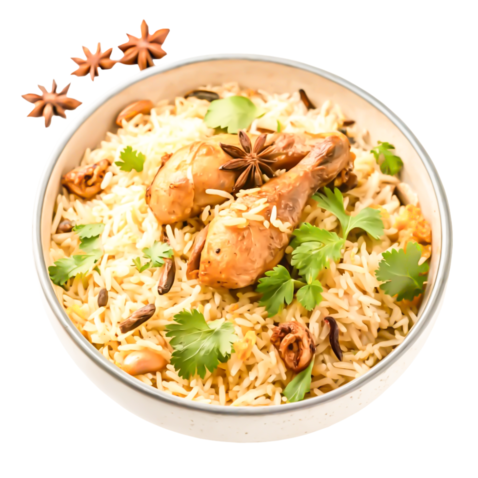 Delicious Chicken Biryani Rice Dish in Bowl, Aromatic Spices, Cilantro Garnish png