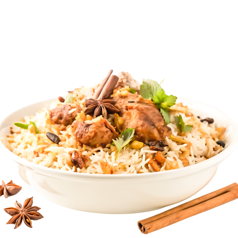 Delicious Chicken Biryani in a Bowl with Spices and Herbs png