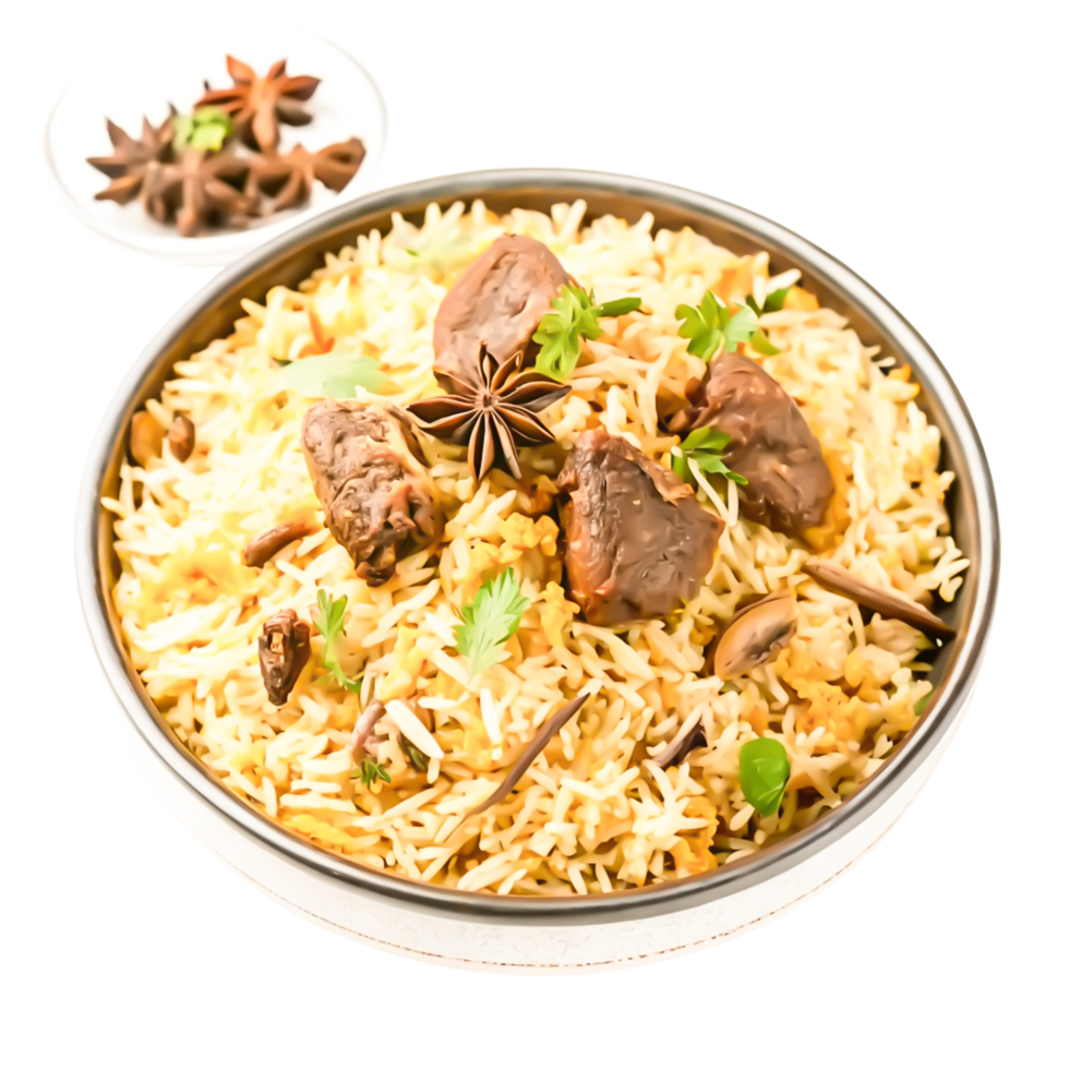 Delicious Mutton Biryani in Bowl Aromatic Indian Rice png