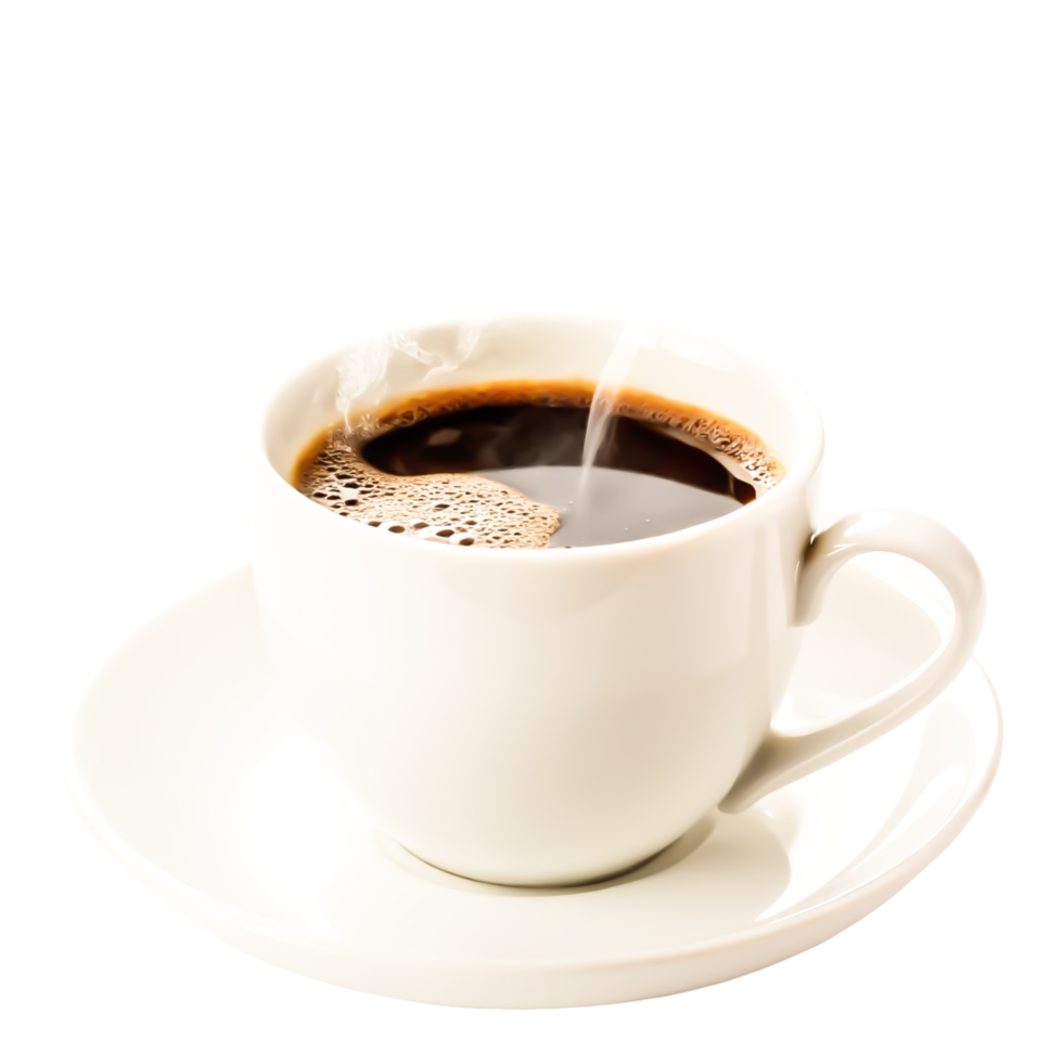 Aromatic Hot Coffee in White Cup and Saucer, Steam Rising, Isolated png