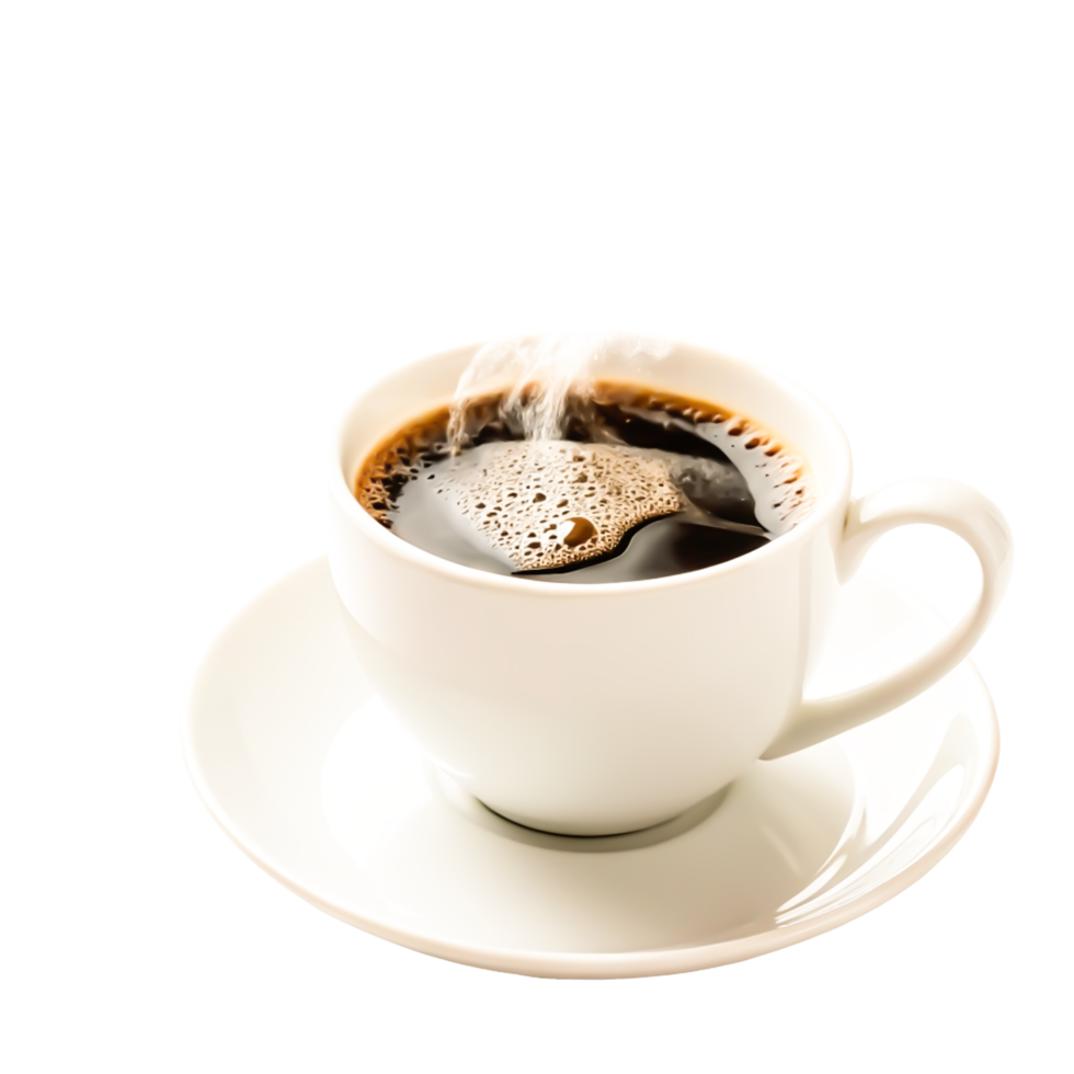 Steaming Hot Coffee in White Cup and Saucer, Isolated on png