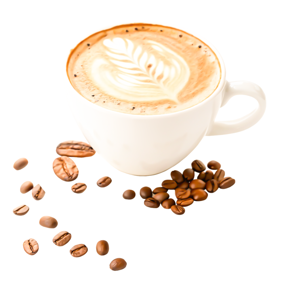 Delicious Latte Coffee Cup with Coffee Beans, Isolated on White Background png