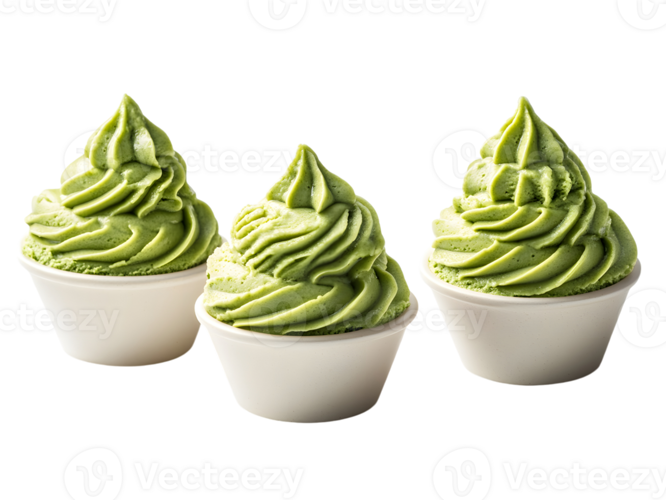 Three servings of green soft serve ice cream in cups png