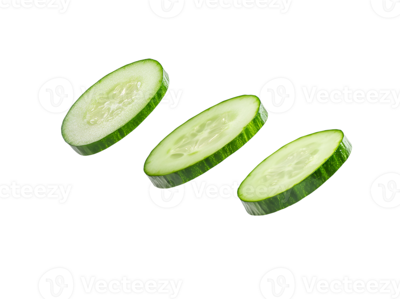 Three fresh sliced cucumbers isolated with a contrasting black background png