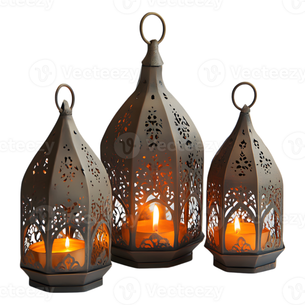 Three decorative candle lanterns with illuminated lit candles inside them png
