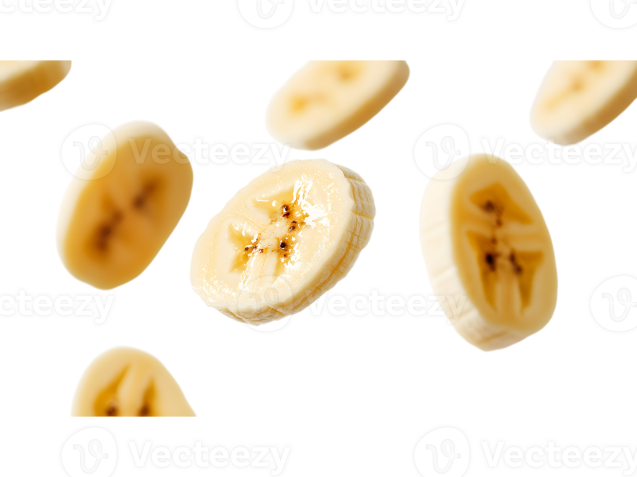 Sliced bananas floating against a colorful abstract and textured background png