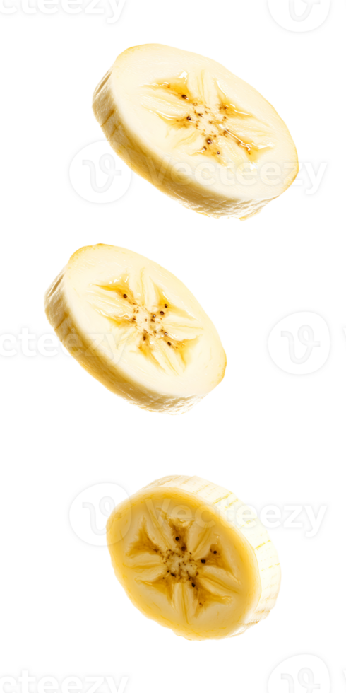 Three angled slices of a ripe banana are floating gracefully png