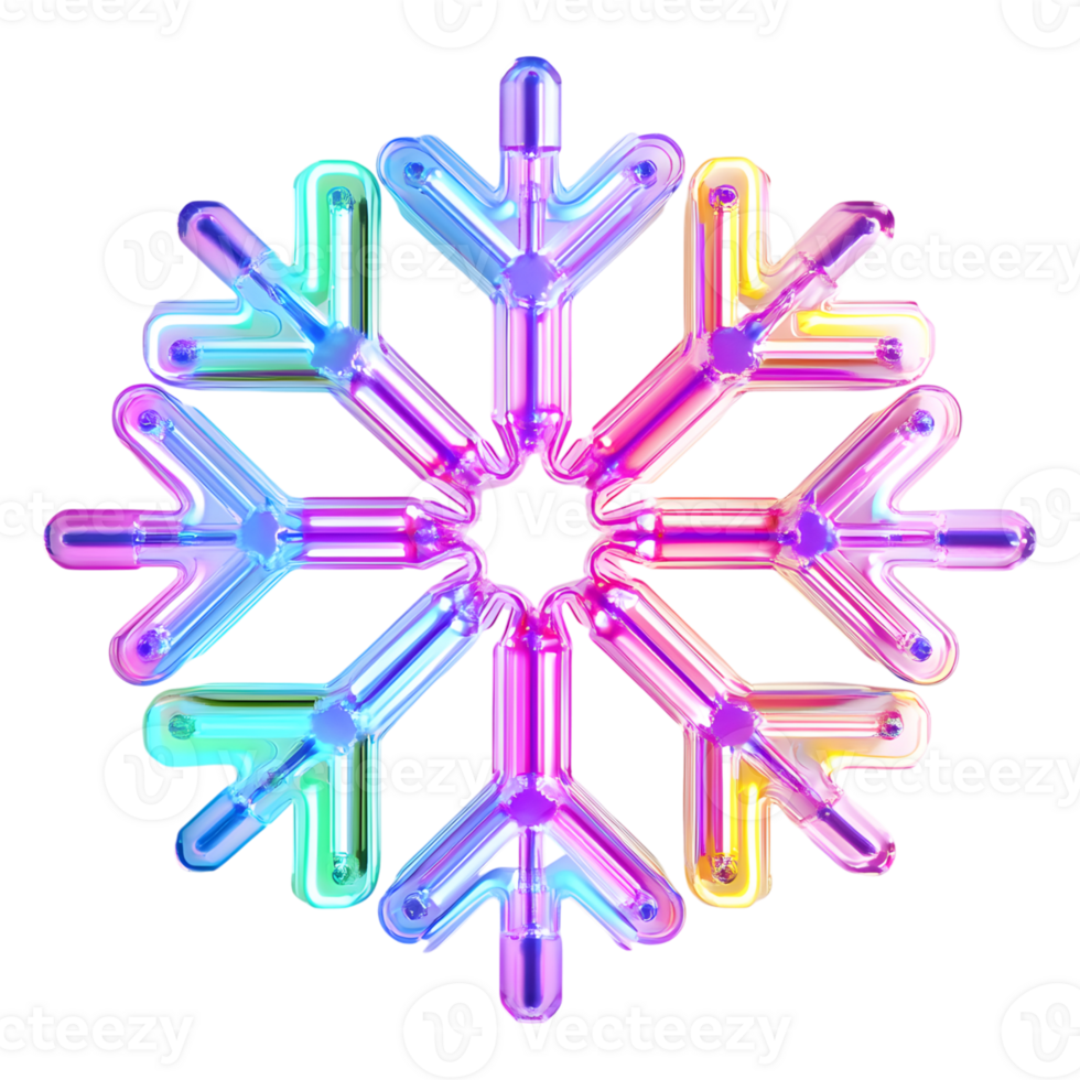 A glowing iridescent snowflake displaying multiple vibrant colors on black png