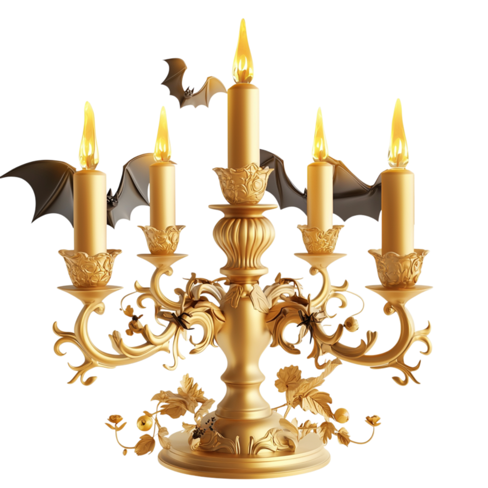 Gothic golden celabrum adorned bats intricate spooky details png