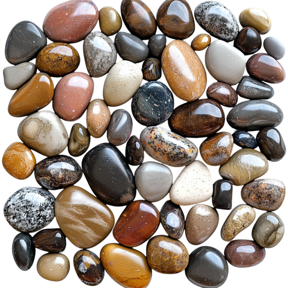 Collection of smooth polished pebbles arranged harmoniously in various colors png