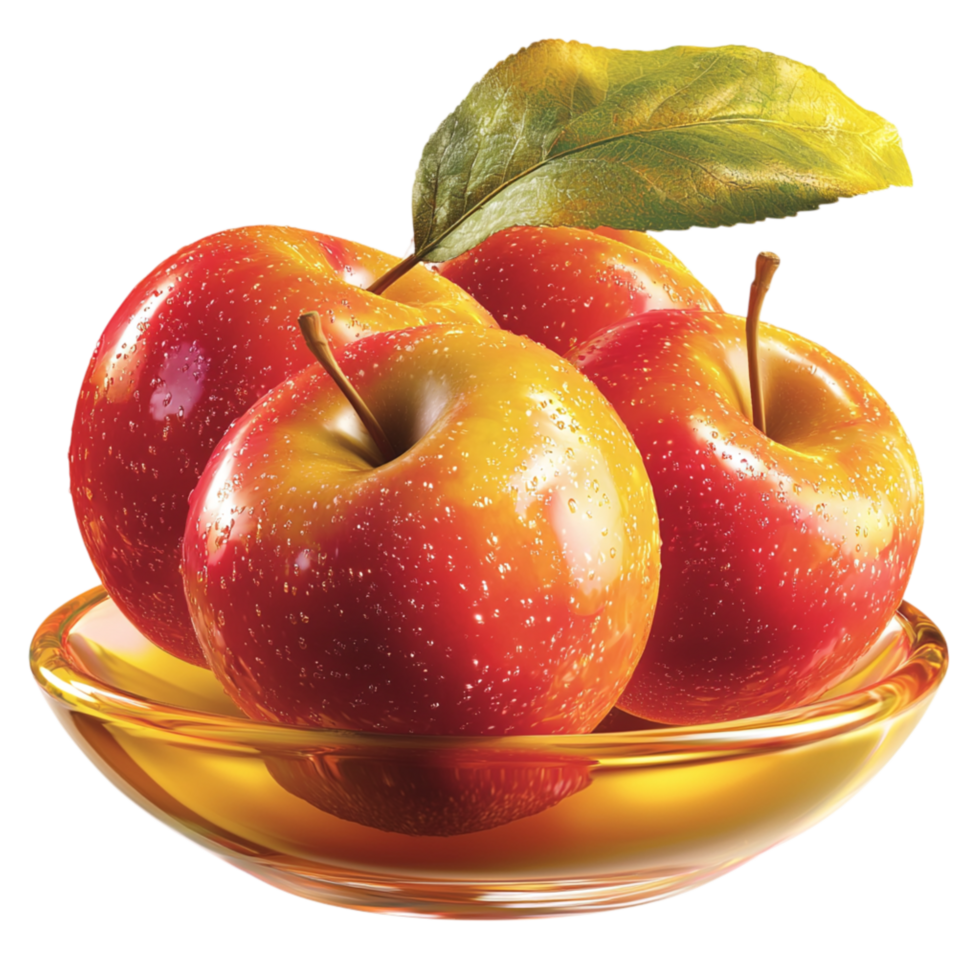 Juicy red apples in a golden bowl fresh leaves a vibrant glow png