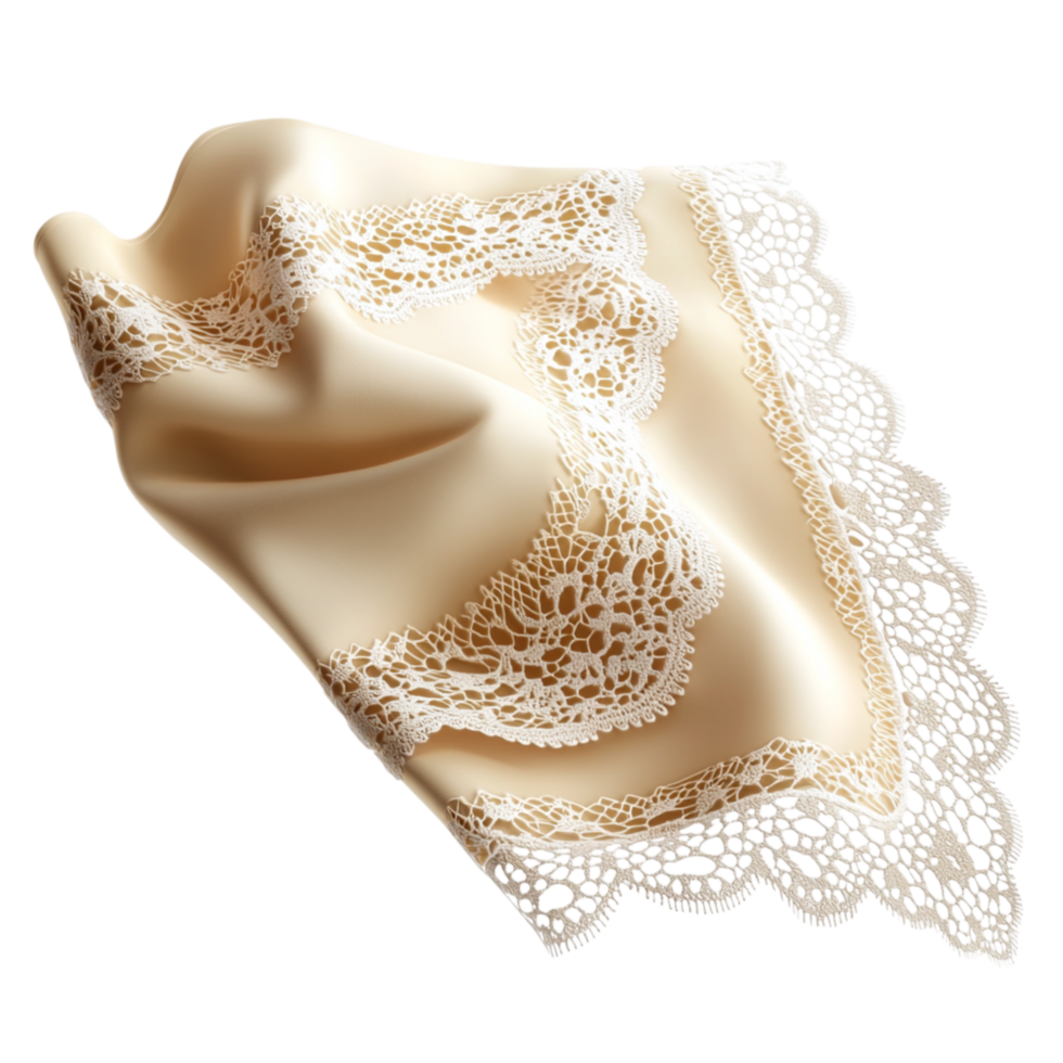 Luxurious golden silk hkerchief intricate lace detailing along the edges png