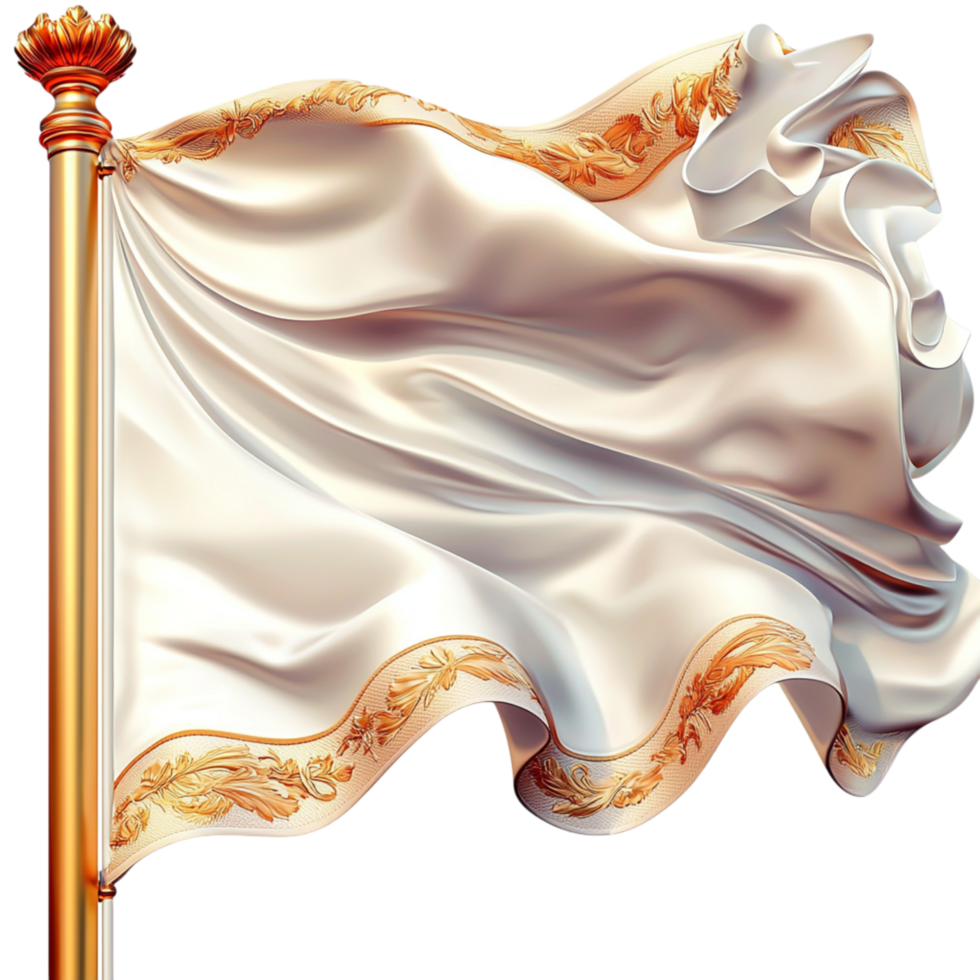 Flowing white silk flag on a golden pole intricate swirling edges png