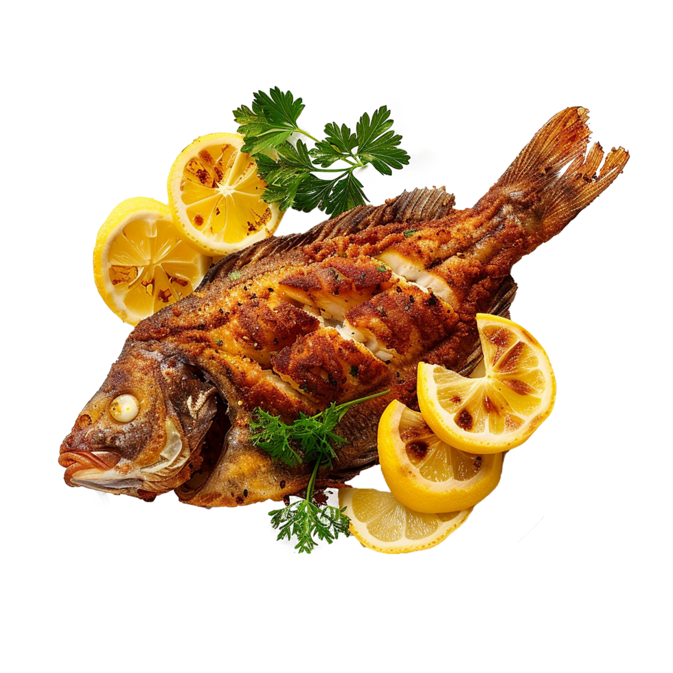Roasted Fish Lemon Slices Parsley Garnish Delicious Food, png