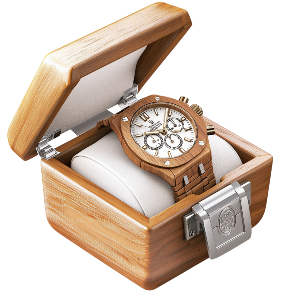 Antique Wooden Treasure Chest Featuring a Builtin Clock Intricate Detailing png
