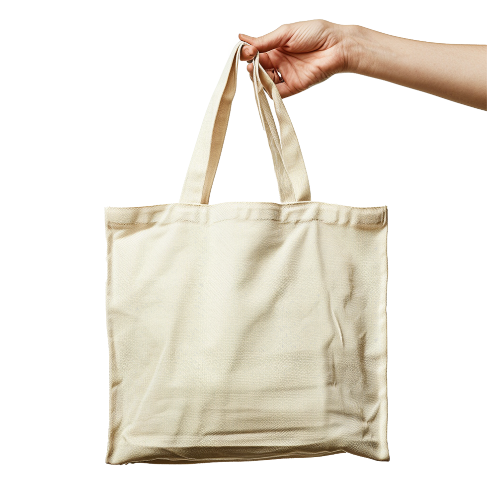 Beige tote bag held by hand eco friendly shopping bag png