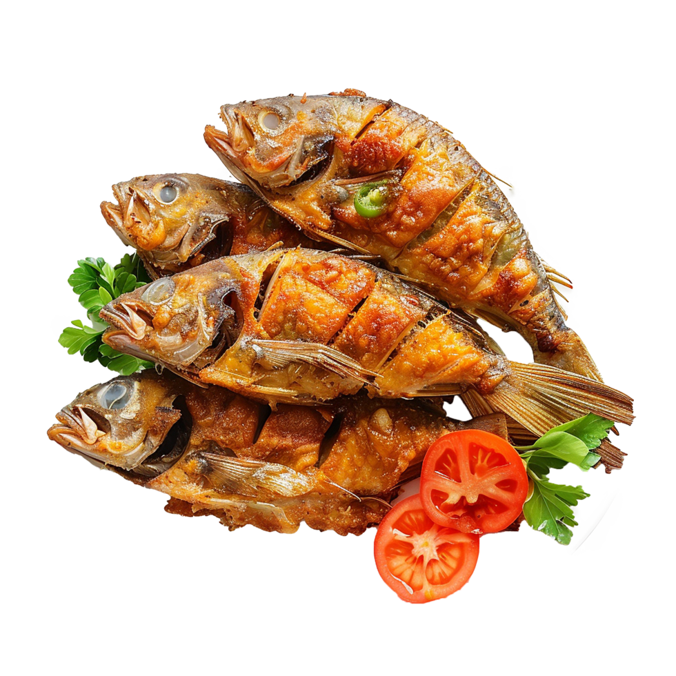 Delicious Fried Fish Dish with Tomatoes and Parsley png