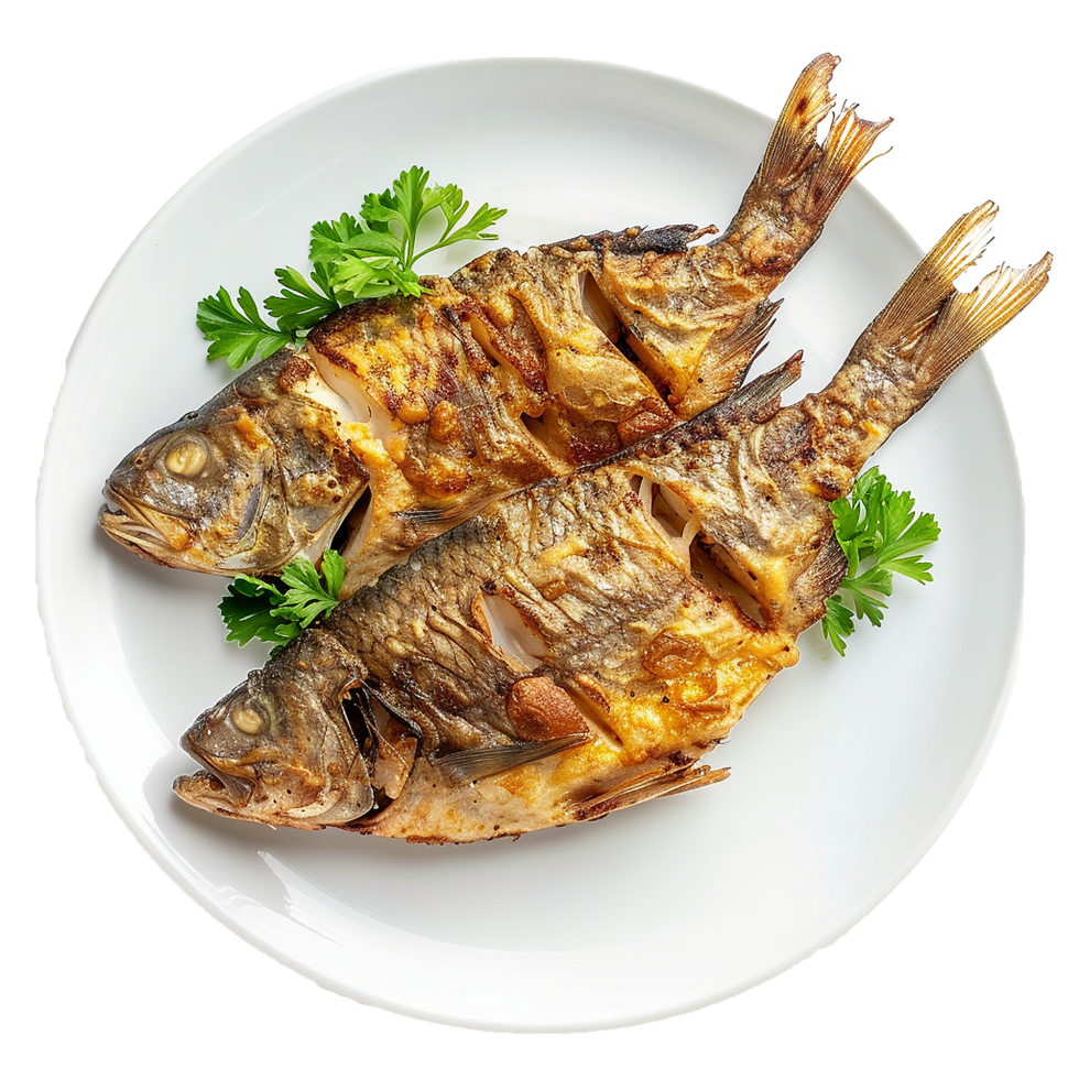 Two fried fish on a white plate garnished with parsley, png