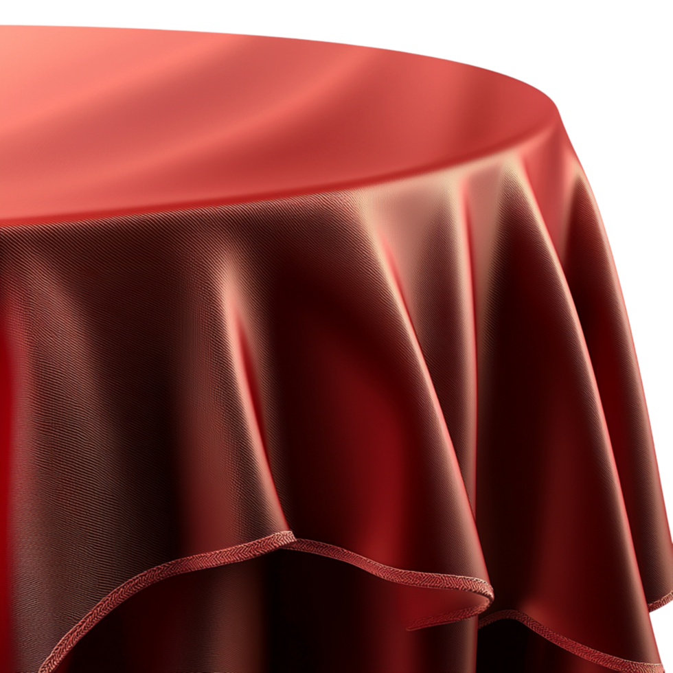 Rich Red Silk Tablecloth Draping Gracefully Over a Polished Wooden Table png